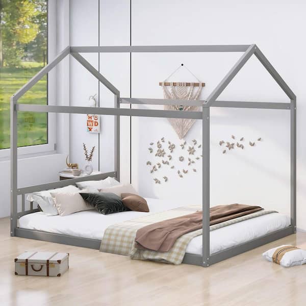 Qualler Gray Wood Frame Queen Size House Platform Bed with Headboard ...
