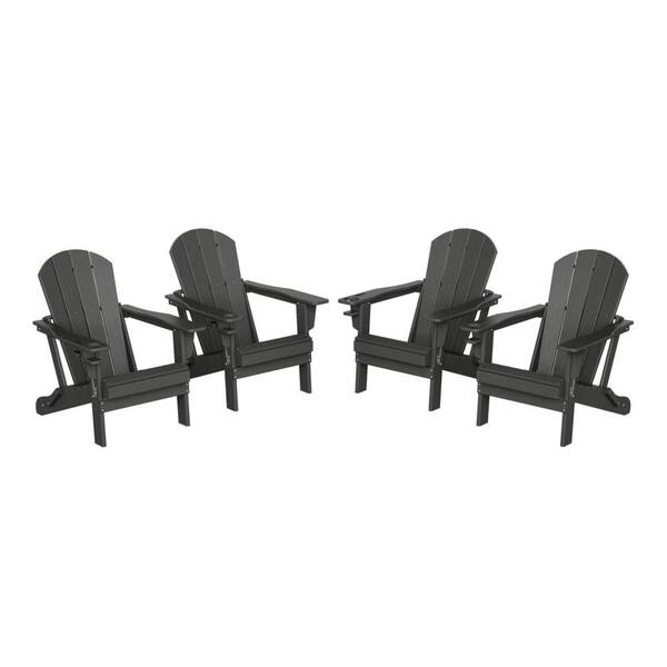 Alvaro Gray Outdoor Patio Weather Proof HDPE Plastic Folding Adirondack Chair with Cup Holder, Set of 4
