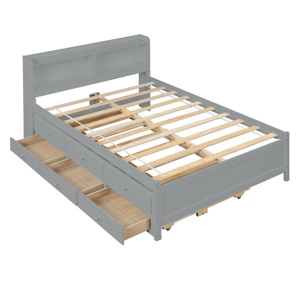 ANBAZAR Gray Full Kids Platform Bed with Trundle and 3Drawers Wood Kids Bed with Bookcase Wood