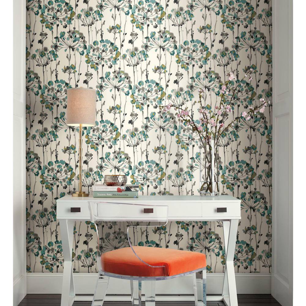 Turquoise and Gray Floral Peel and Stick Wallpaper