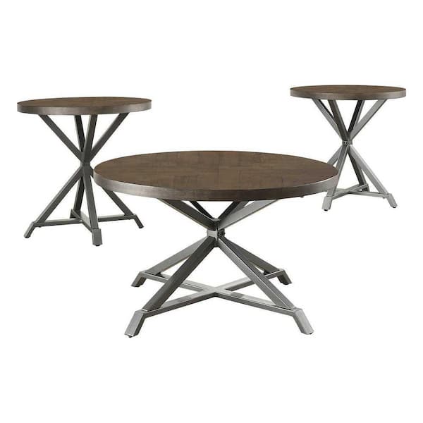 EVERGLADE HOME Ivins 32 in. Burnished Brown and Gray Metal Leg Round Wood Coffee Table Set with 3-Pieces