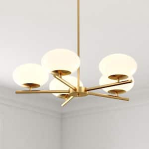 Sloane 5-Light LED Gold Satin Brass Mid-Century Modern Chandelier with White Glass Globes