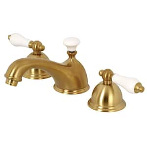 Restoration Porcelain Lever 8 in. Widespread 2-Handle Bathroom Faucet in Brushed Brass