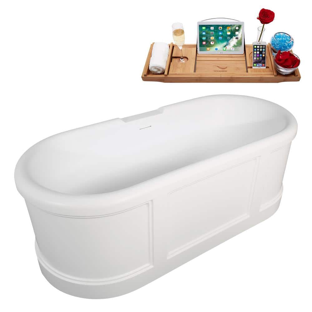 67" Matte White Acrylic Freestanding Soaking Tub with Polished Gold Trim