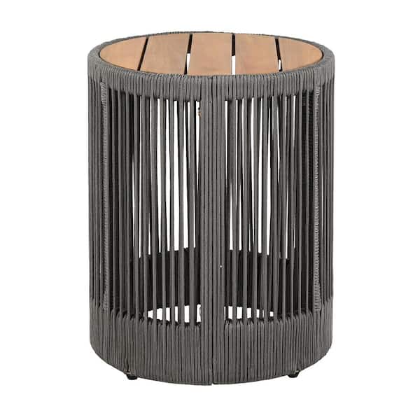 Image showcasing Edington Rope Grey Teak Acacia Wood Cylindrical Outdoor Side Table ...