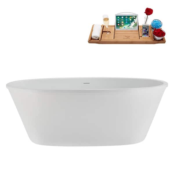 60 in. x 30 in. Acrylic Freestanding Soaking Bathtub in Glossy White with Brushed Nickel Drain, Bamboo Tray
