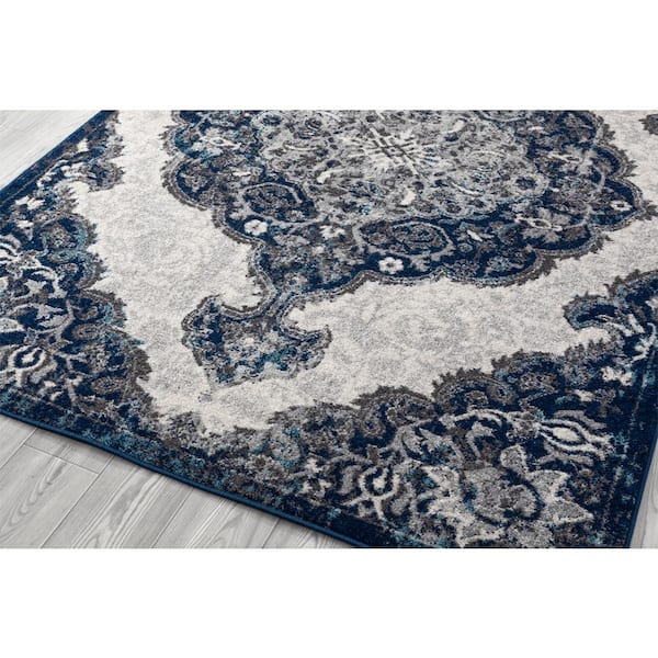 Alexandria 2 ft.   x  6 ft.  Ivory/Navy Medallion Pattern Runner Rug for High Traffic Entryway Kitchen Hallway