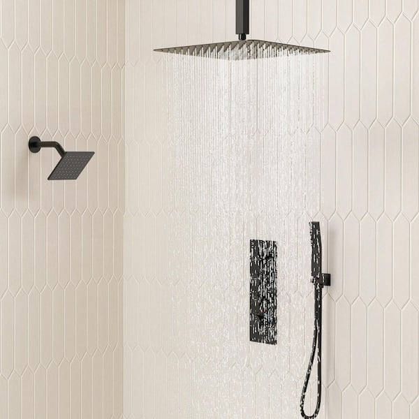 7-Spray 16 and 6 in. Dual Shower Heads Ceiling Mount Fixed and Handheld Shower Head in Matte Black (Valve Included)