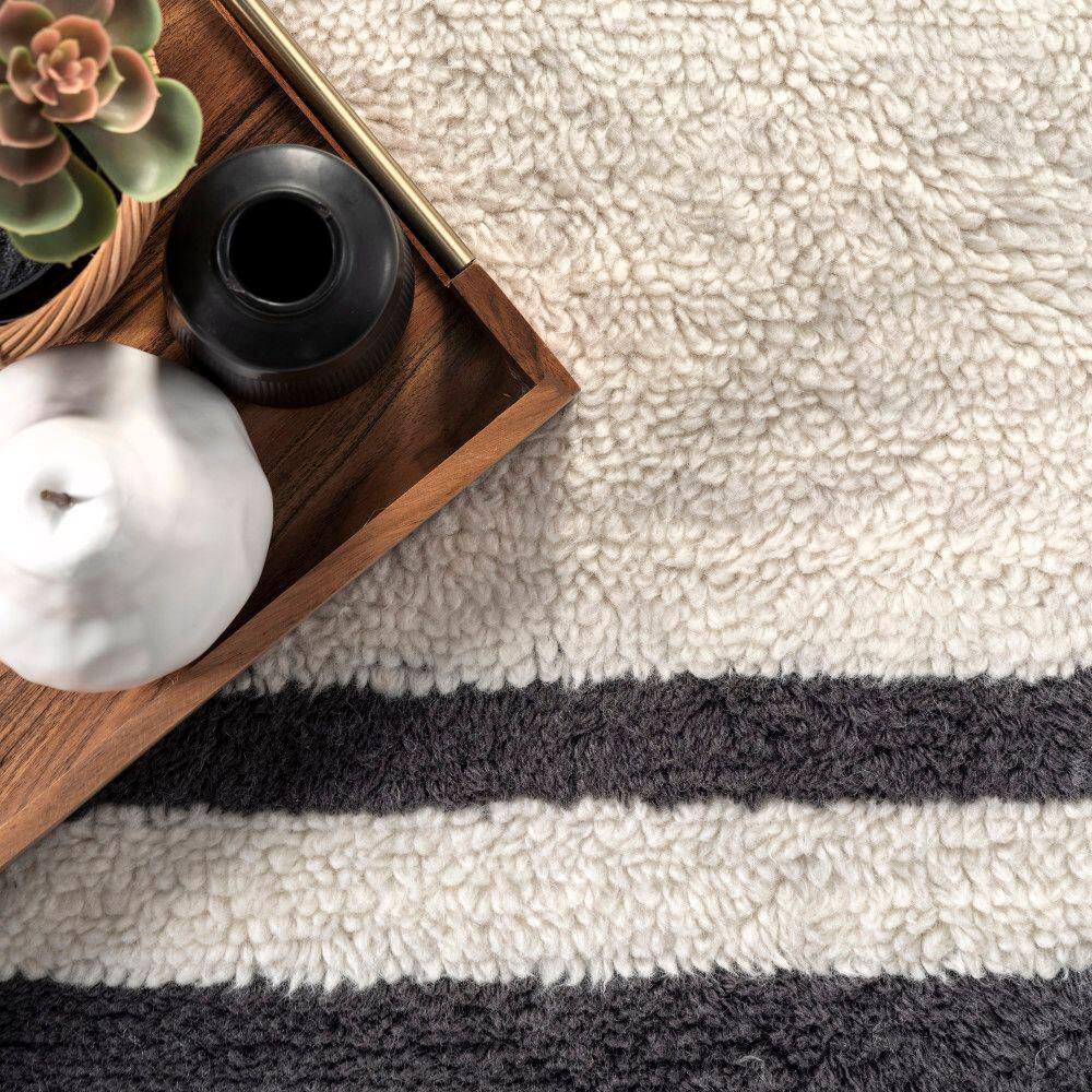 Ivory and Black Striped Wool Washable Area Rug 5' x 8'