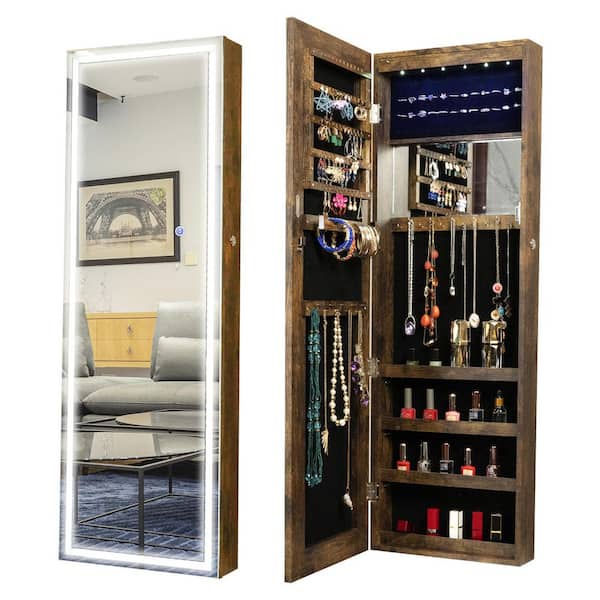 Brown MDF 4 in. W x 14.3 in. L x 43.3 in. H Wall-Mounted Mirror Jewelry Armoire with LED Light