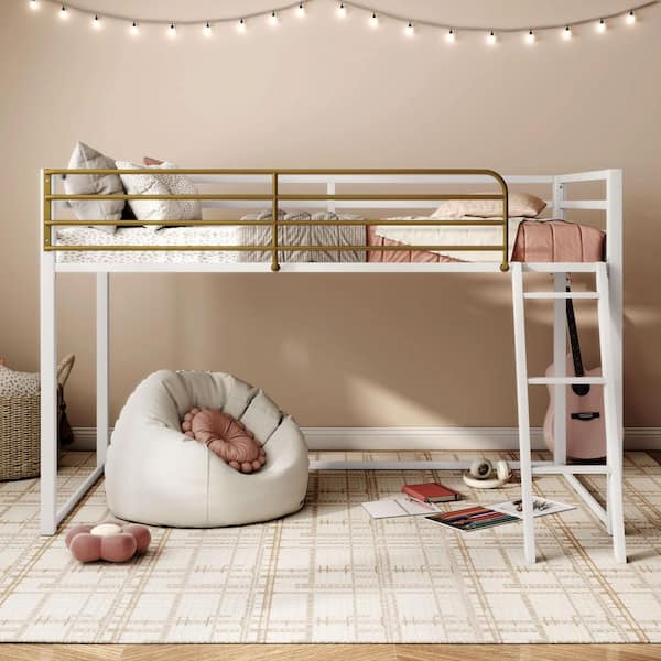 Roman White Twin Metal Low Profile Loft Bed with Gold Accent