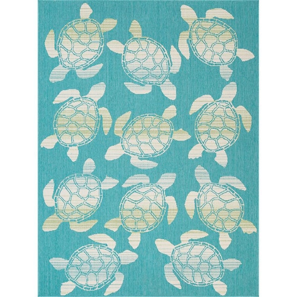 NATCO HOME Backyard Bungalow Blue/Multi 5 ft. 3 in. x 7 ft. Turtle Swim Polypropylene Indoor/Outdoor Area Rug