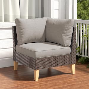 Brown Corner Wicker Outdoor Lounge Chair with Gray Cushions