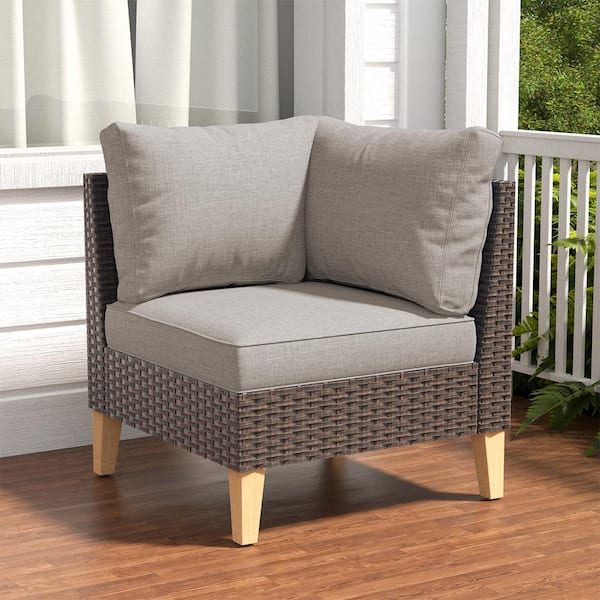 Gymojoy Chic Relax 1-Piece Brown Wicker Corner Seactional Outdoor Lounge Chair with Gray Cushions