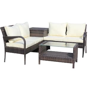 4-Piece Wicker Patio Conversation Set with Beige Cushions