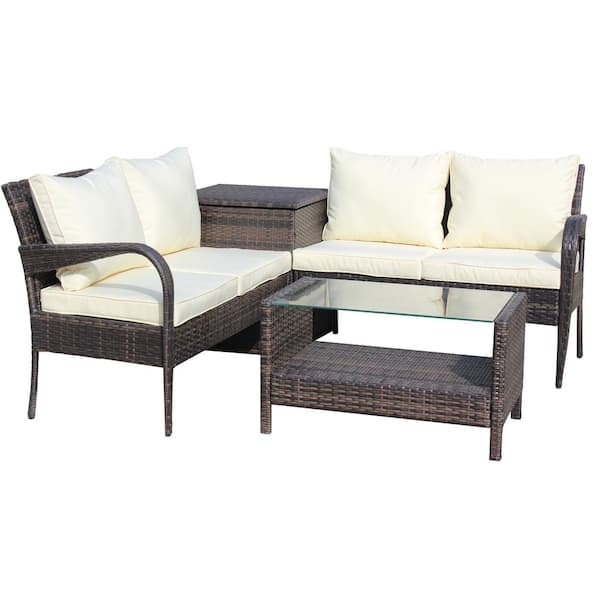 maocao hoom 4-Piece Wicker Patio Conversation Set with Beige Cushions