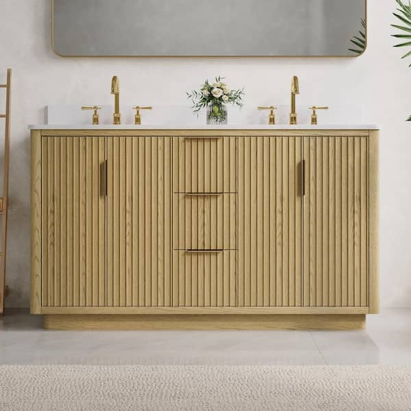 HAVEN 60 in. W x 22 in. D x 35 in. H Freestanding Solid Wood Bath Vanity in OAK with Quartz Top