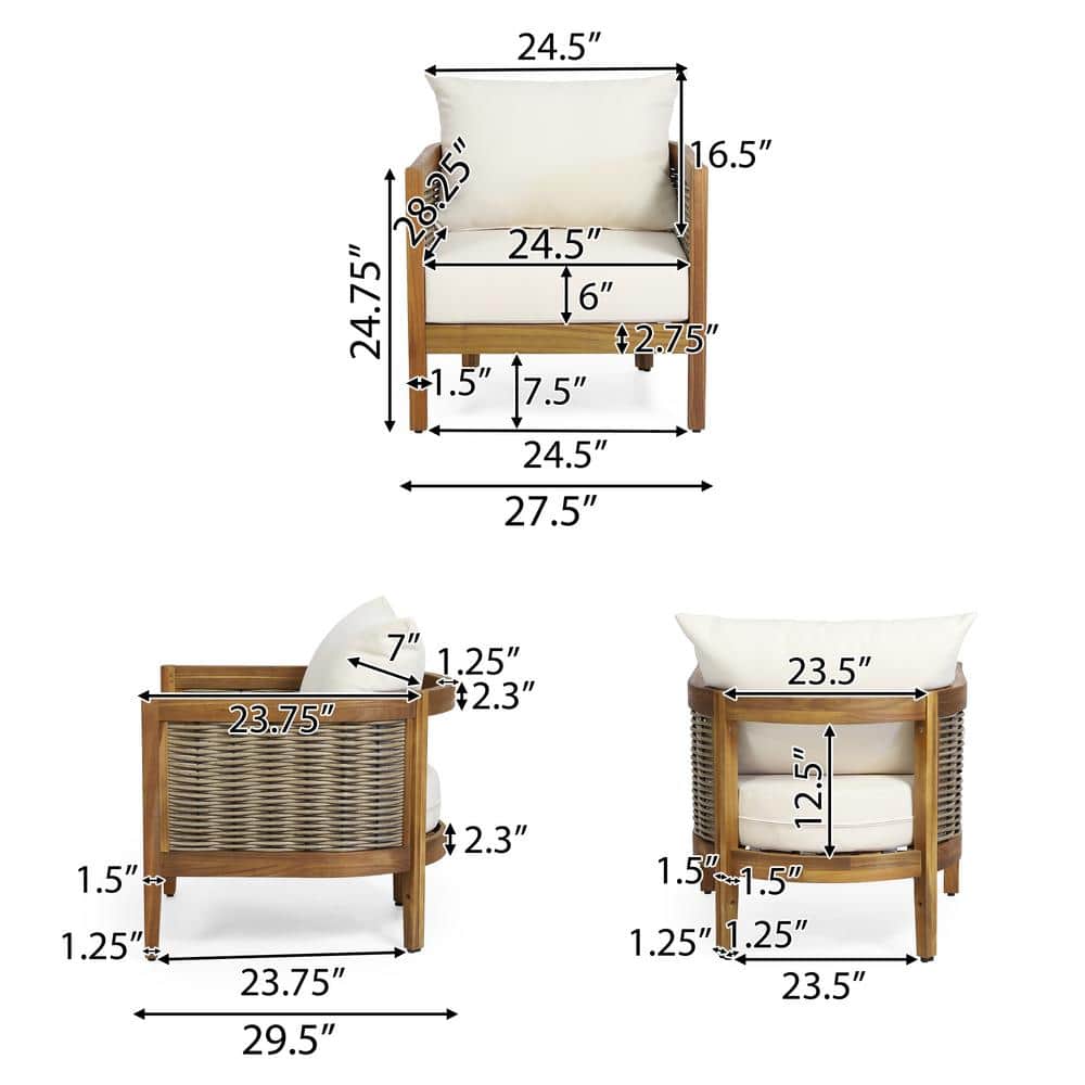 Teak Wood Outdoor 4-Piece Patio Set with Beige Cushions