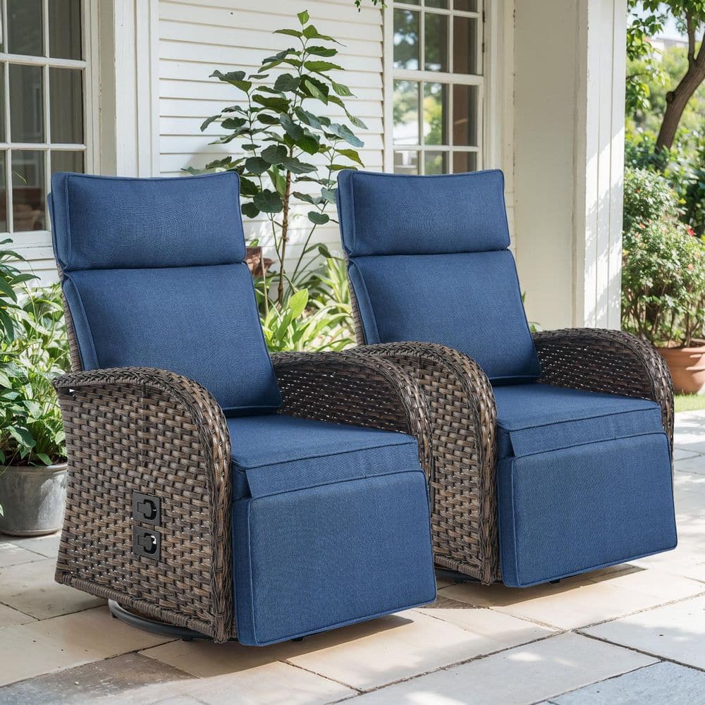 SleekArm Brown 2-Piece Wicker Outdoor Recliner with Olefin Blue Cushions and Flat Armrests Patio Swivel Chairs price history on PriceWatchPro