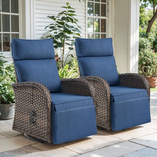 SleekArm Brown 2-Piece Wicker Outdoor Recliner with Olefin Blue Cushions and Flat Armrests Patio Swivel Chairs