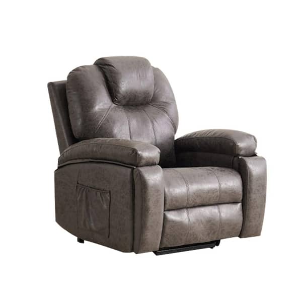 Black Metal Power Lift Outdoor Recliner Chair with Gray Faux Leather Cushion, Massage and Heat