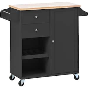 Black Wood 41.3 in. Kitchen Island with Spice Rack, Towel Rack and Two Drawers