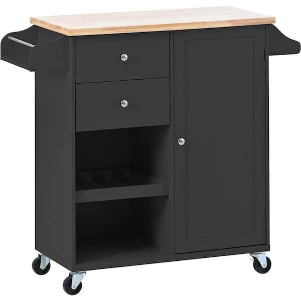 Tatahance Black Wood 41.3 in. Kitchen Island with Spice Rack, Towel Rack and Two Drawers