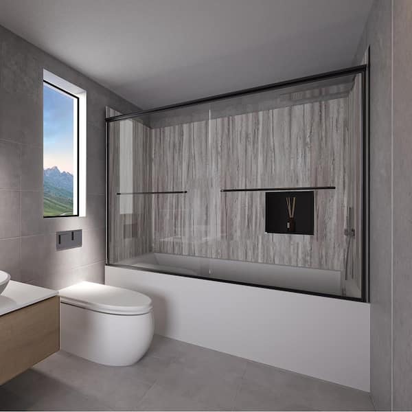 NuVo Driftwood-Rainier 60 in. L x 32 in. W x 83 in. H Rectangular Tub/ Shower Combo Unit in Matte Black Right Drain