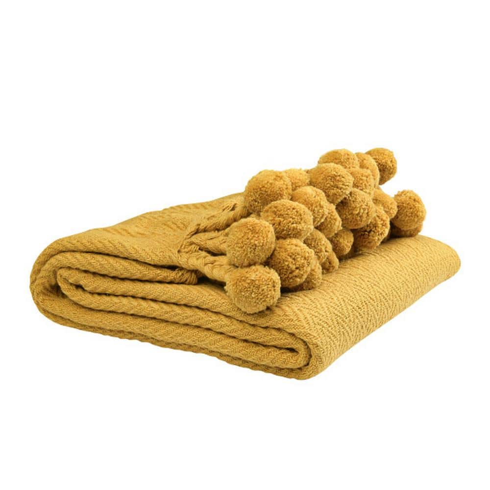 Goldenrod Cotton Pom Pom Weighted Throw Blanket