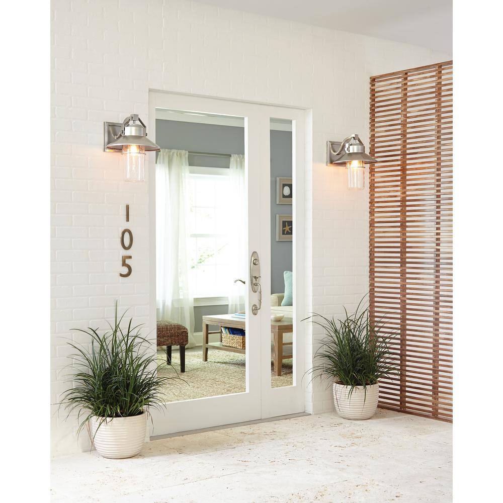 Large Brushed Steel Dimmable Lantern Sconce with Clear Seeded Glass