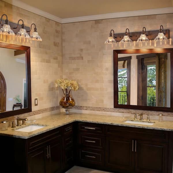 37 in. 4-Light Antique Bronze Vintage Bathroom Vanity Light with Flower Glass Shades