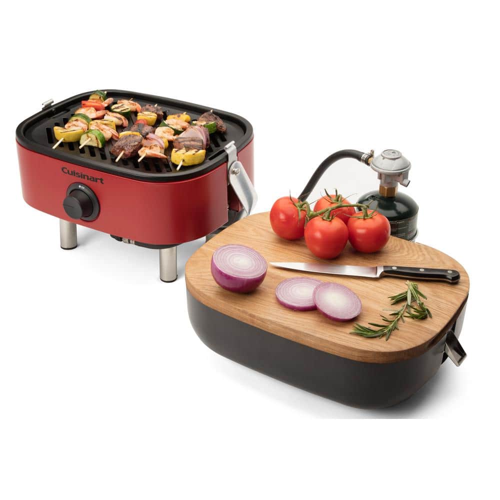 Cuisinart Red Portable Propane Gas Grill with Wooden Lid