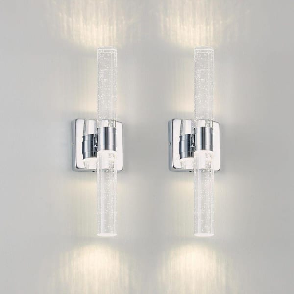 17 in. 2-Light Chrome LED Wall Sconce with Clear Bubble-Embellished Acrylic Cylinder Shade
