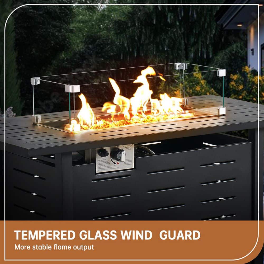 Sizzim 44 in. Outdoor Metal Rectangular Propane Gas Fire Pit Table with Glass Wind Guard and Water-Resistant Cover SM-44HLZ