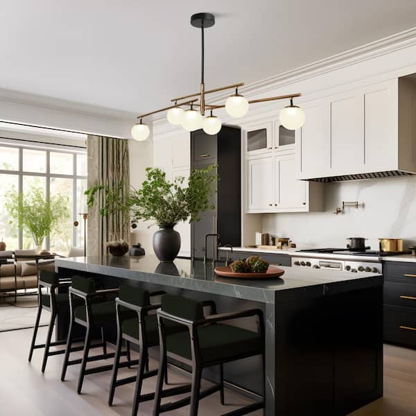 Transitional 6-light Brass Linear Integrated LED Island Pendant Light, Globe Frosted Glass Chandelier for Dining Room