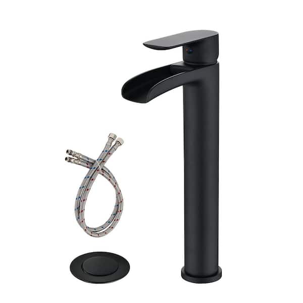 PROOX Single Handle Single Hole Bathroom Faucet with Drain Kit Included and Waterfall Spout in Matte Black