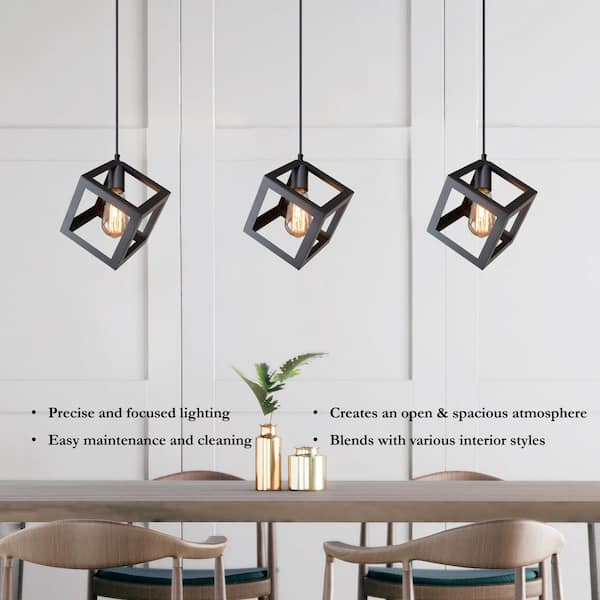 Modern Black Square Cage Pendant Light DIY 1-Light Industrial Cube Hanging Chandelier for Kitchen Island Bedroom Hallway