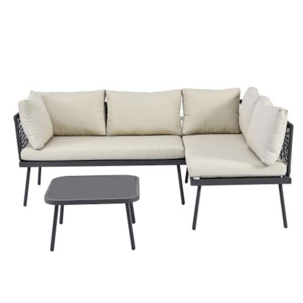 Clihome 3-Piece PE Rattan Sofa Set All Weather Patio Metal Sectional Furniture Set w Beige Cushions and Glass Table