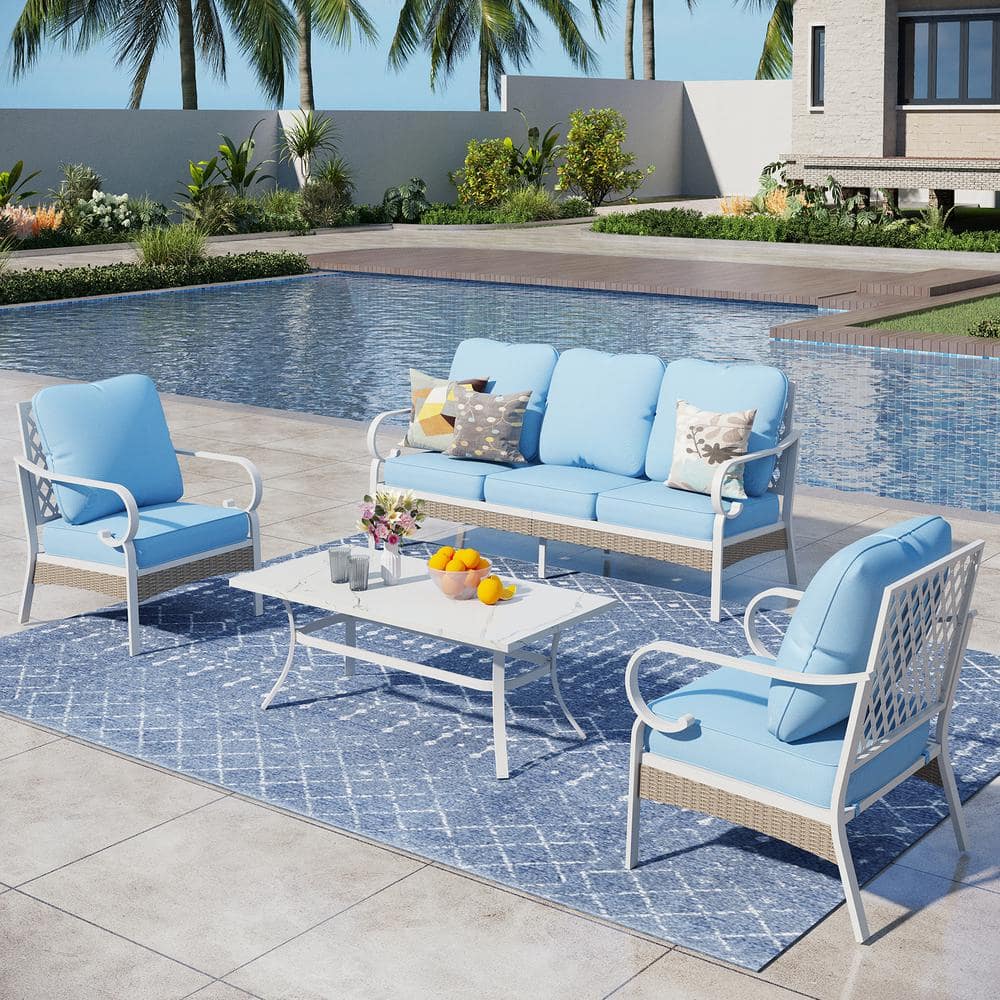 White 4-Piece Metal Outdoor Patio Conversation Seating Set with Marbling Coffee Table and blue Cushions price history on PriceWatchPro