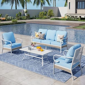 White 4-Piece Metal Outdoor Patio Conversation Seating Set with Marbling Coffee Table and blue Cushions