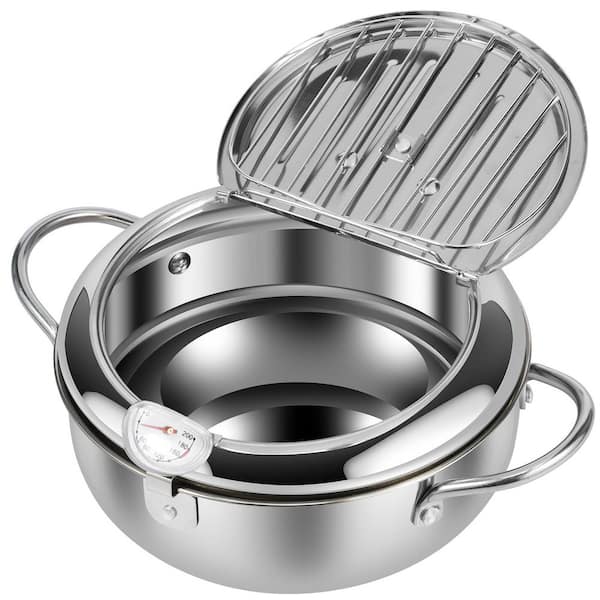 115oz Stainless Steel Deep Fryer Stock Pot in Silver with Thermometer and Strainer Basket, 1 Piece