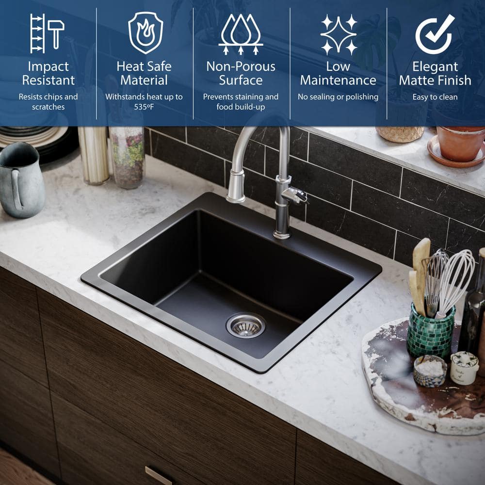 Black Quartz 25'' Single Bowl Drop-In Kitchen Sink