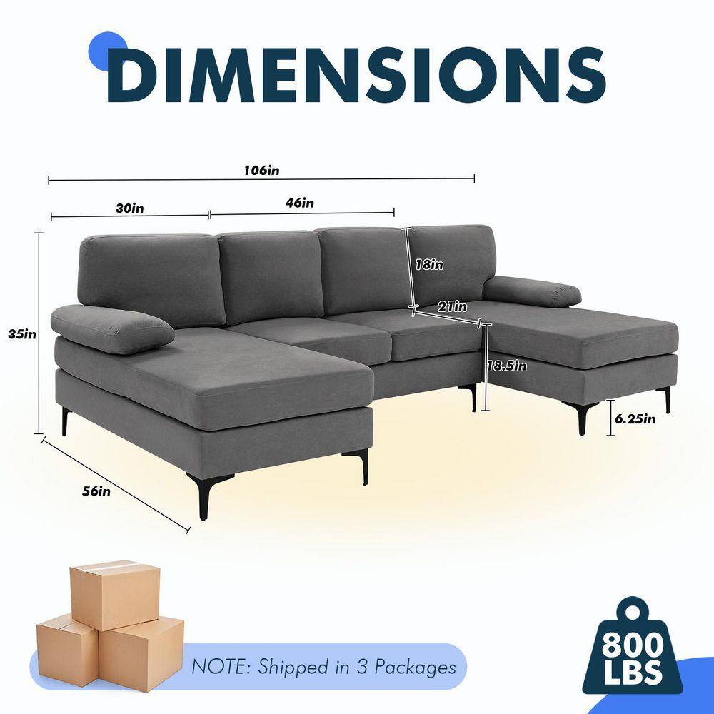 Dimension diagram of the dark grey U-shaped sectional sofa.