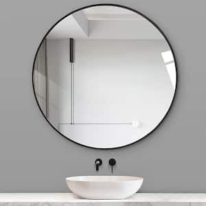 30 in. W x 30 in. H Large Round Brushed Aluminium Framed Wall Bathroom Vanity Mirror in Black
