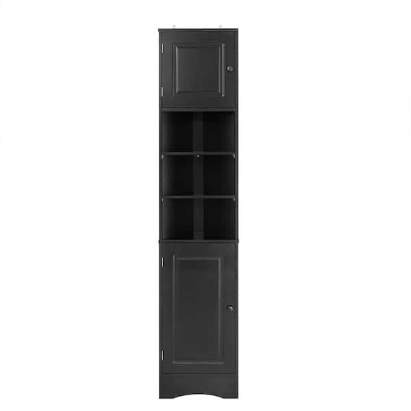 PARASOLAR 15 in. W x 9 in. D x 67 in. H Black Freestanding Linen Cabinet with 2-Doors and Adjustable Shelves, Open Shelf