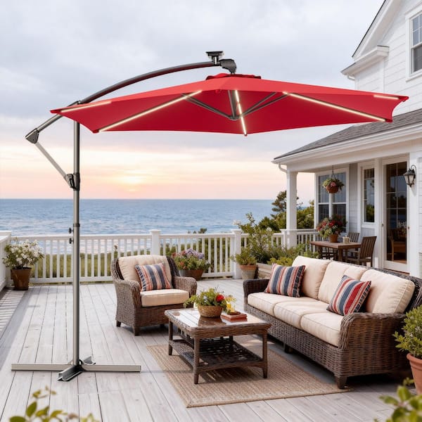 JOYESERY 10 ft. Solar Patio Umbrella with 6-LED Strips, Secure Lock and Raised Base Pole, Stable Outdoor Umbrella in Wine Red J-UM-LED985-RD JOYESERY 10 ft. Solar Patio Umbrella with 6-LED Strips, Secure Lock and Raised Base Pole, Stable Outdoor Umbrella in Wine Red J-UM-LED985-RD