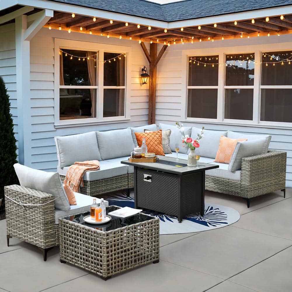 OVIOS Supery Gray 8-Piece Wicker Rectangle Fire Pit Patio