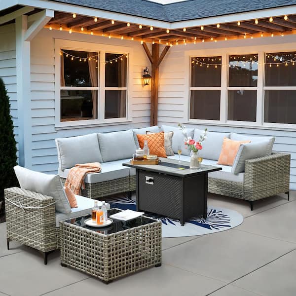 OVIOS Supery Gray 8-Piece Wicker Rectangle Fire Pit Patio Conversation Set with Gray Cushions
