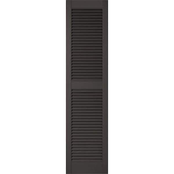 Ekena Millwork 14-1/2 in. x 37 in. Lifetime Vinyl Custom Straight Top Center Mullion Open Louvered Shutters Pair Musket Brown