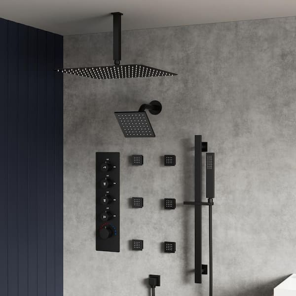 Thermostatic Valve 15-Spray 16 and 6 in. Dual Ceiling Mount Shower Head and Handheld Shower in Matte Black